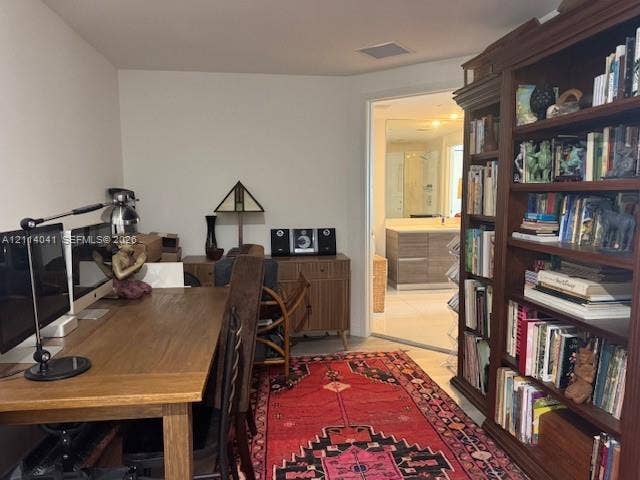 Built-in floor-to-ceiling wooden shelving unit