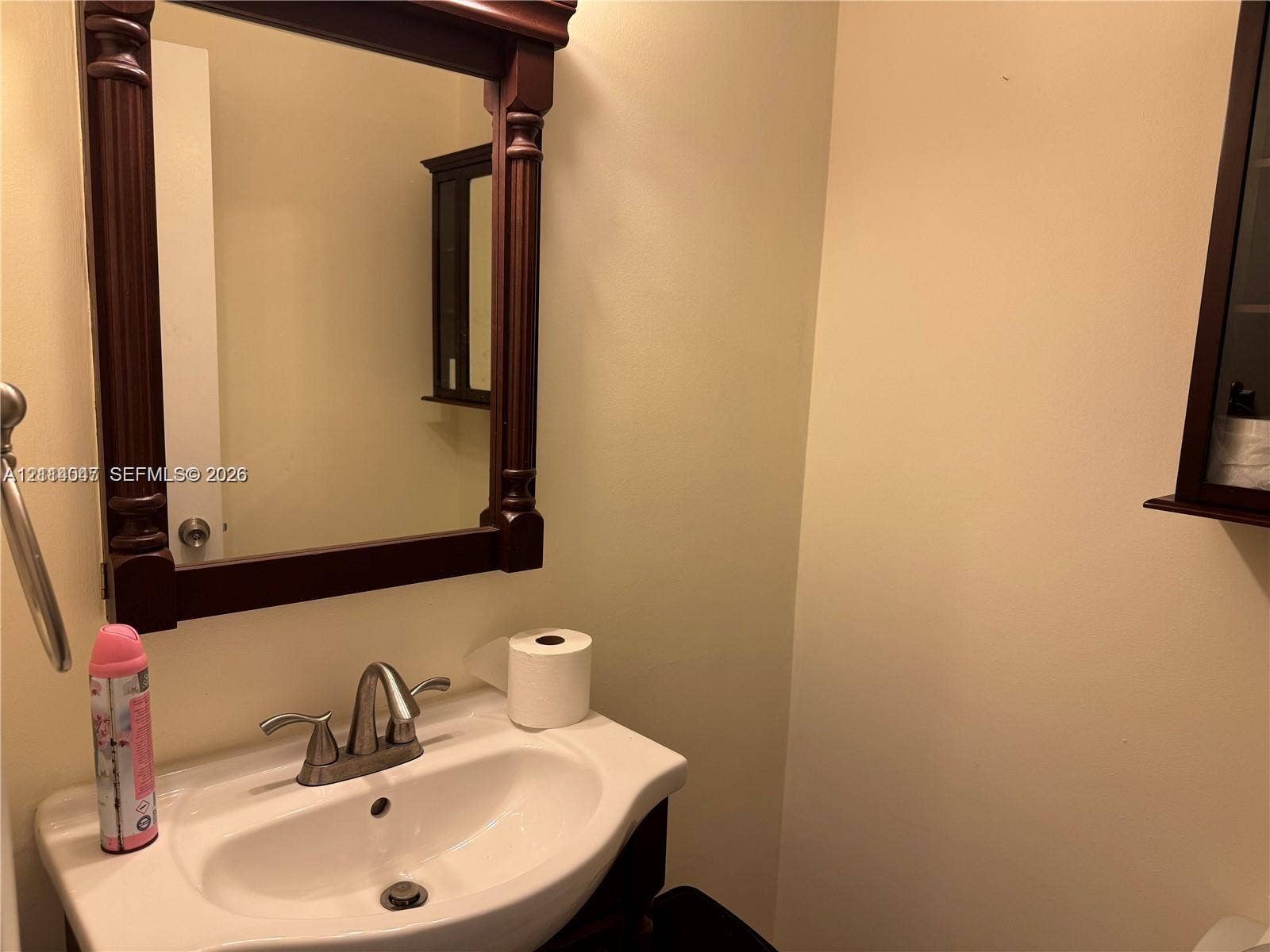 Wall-mounted vanity featuring a porcelain drop-in sink, metallic dual-handle faucet, and decorative dark-finished wood-frame mirror