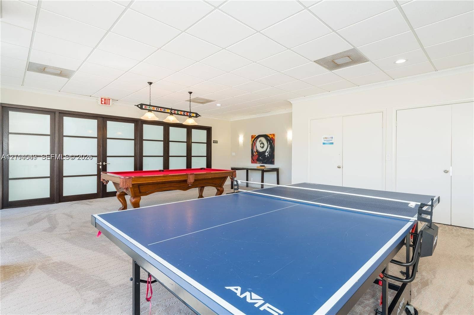 Expansive recreation room featuring a drop ceiling with recessed lighting, high-contrast dark-framed glass panel doors, and dual sets of built-in storage closets