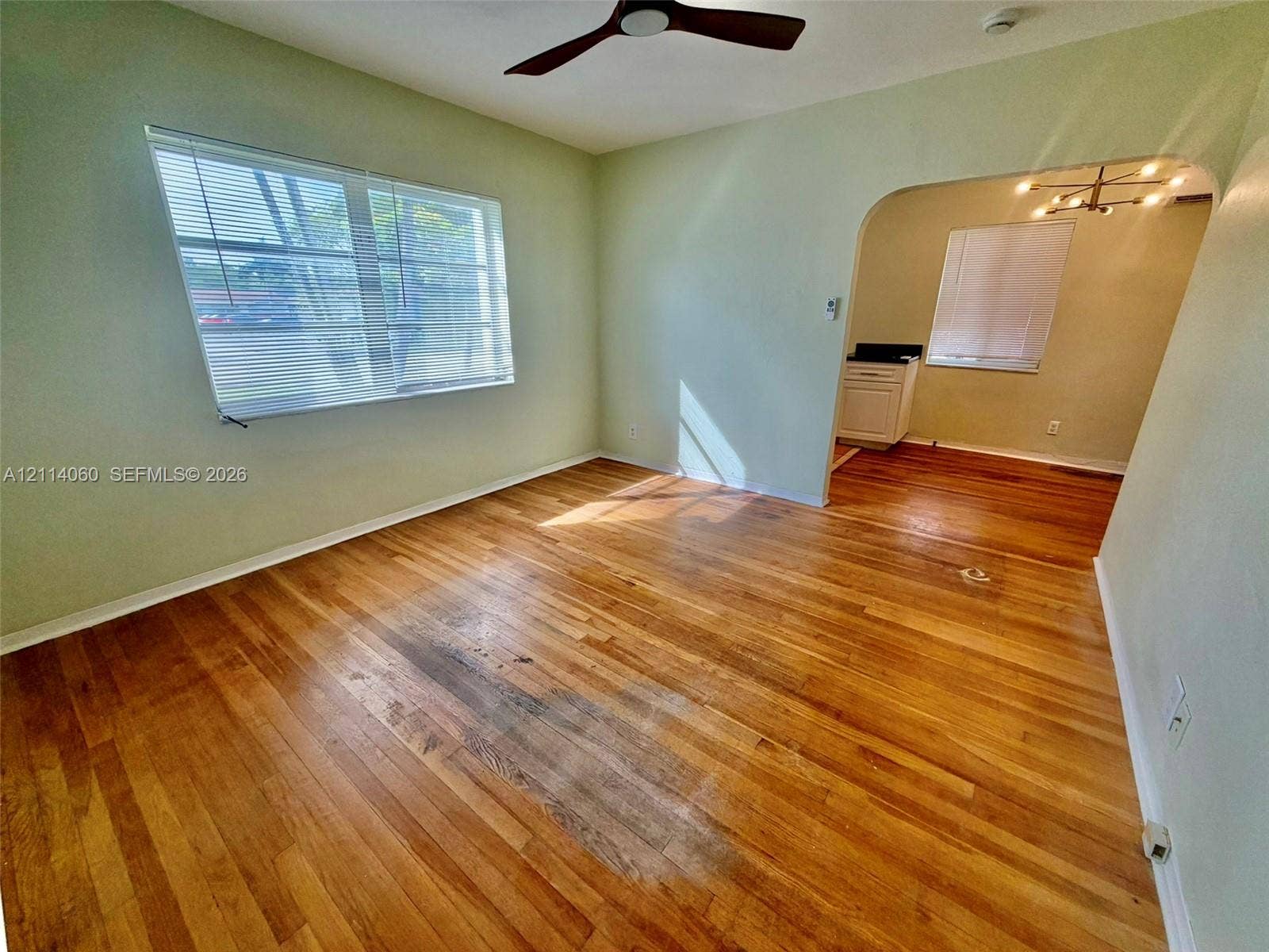 2325 Fillmore Street, #1, Hollywood, Hollywood, FL 33020 Hardwood flooring, arched entryway, ceiling fan, and window blinds