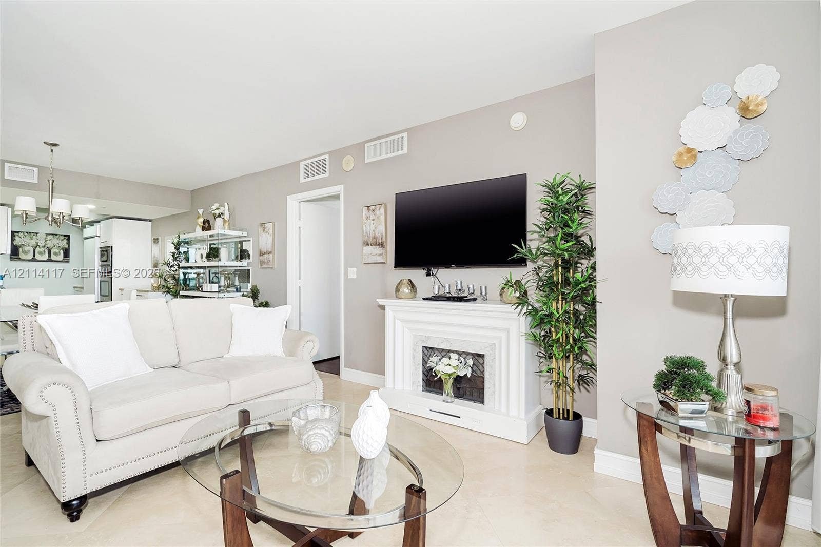 1850 S Ocean Drive, #4008, Hallandale Beach, Hallandale Beach, FL 33009 Living area featuring tile flooring, a white ornamental fireplace surround, and recessed ceiling lighting