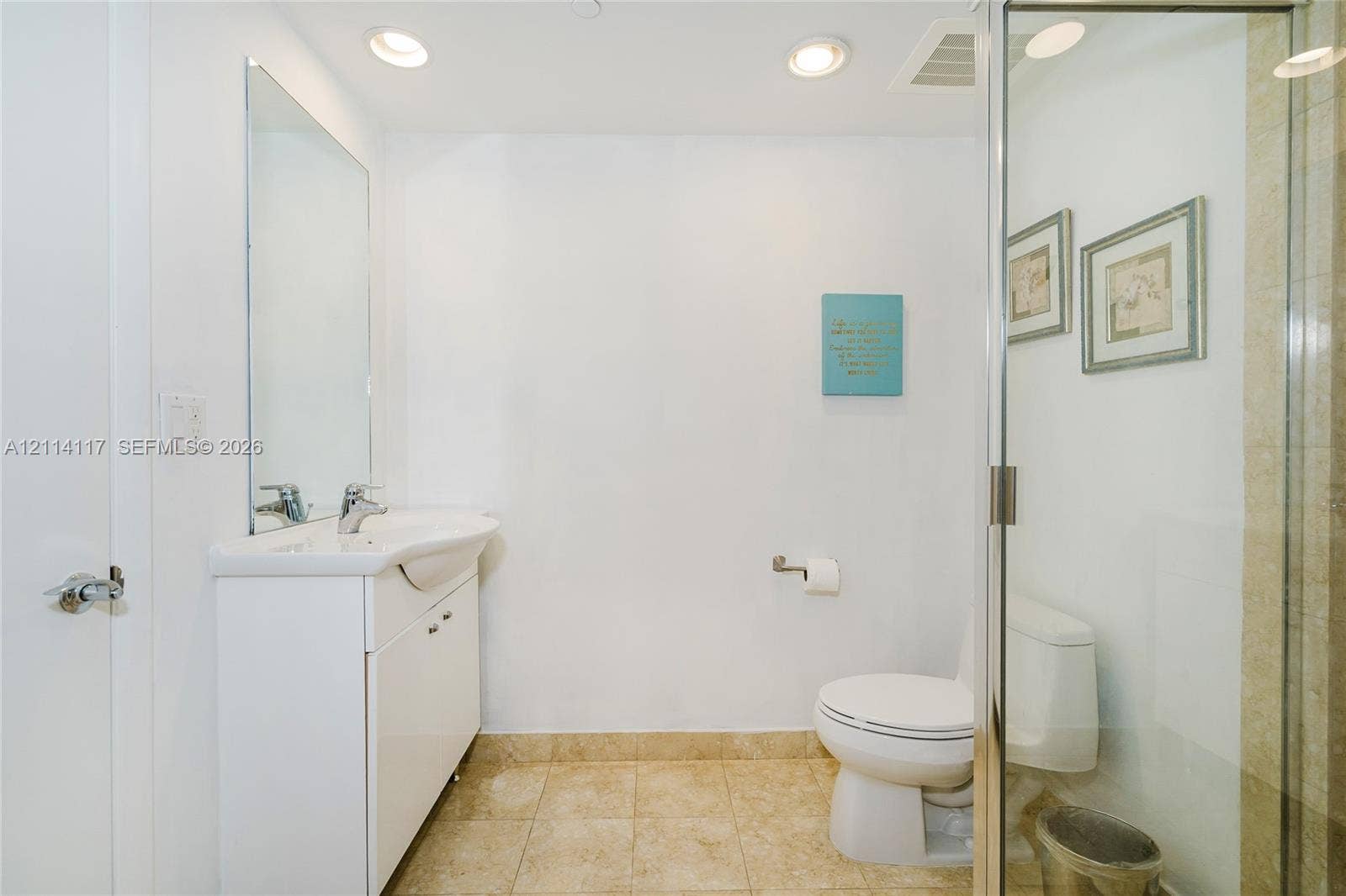 1850 S Ocean Drive, #4008, Hallandale Beach, Hallandale Beach, FL 33009 Bathroom featuring a vanity with an integrated sink and chrome faucet, frameless glass shower enclosure, recessed lighting, and tile flooring