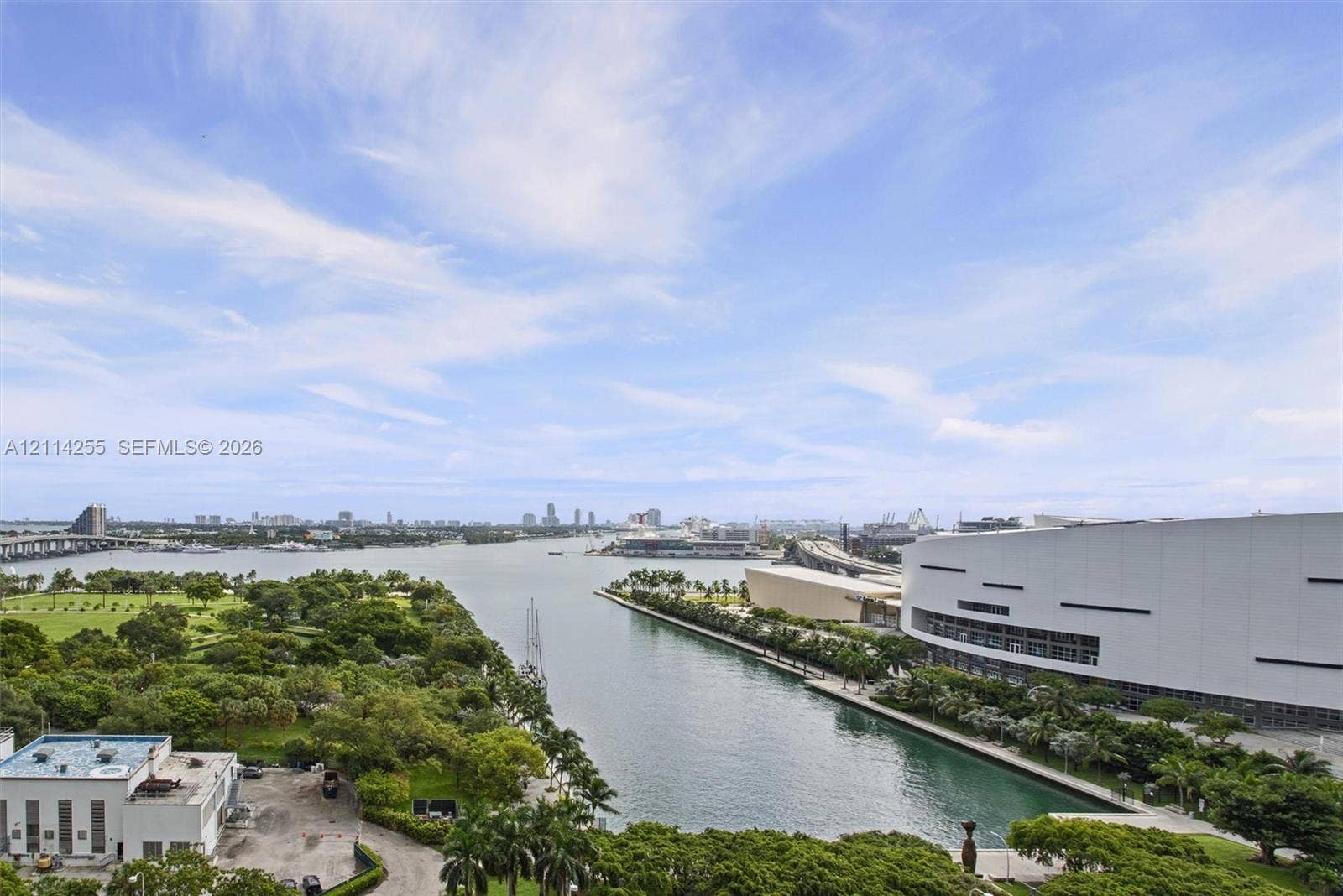 900 Biscayne Boulevard, #1705, Miami, FL 33132 Elevated perspective featuring coastal waters, urban skyline, public park space, and bridge infrastructure