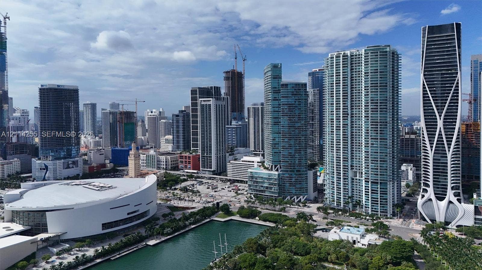 900 Biscayne Boulevard, #1705, Miami, FL 33132 Aerial perspective of urban skyline featuring high-rise architecture, proximity to waterfront, and surrounding metropolitan landscape