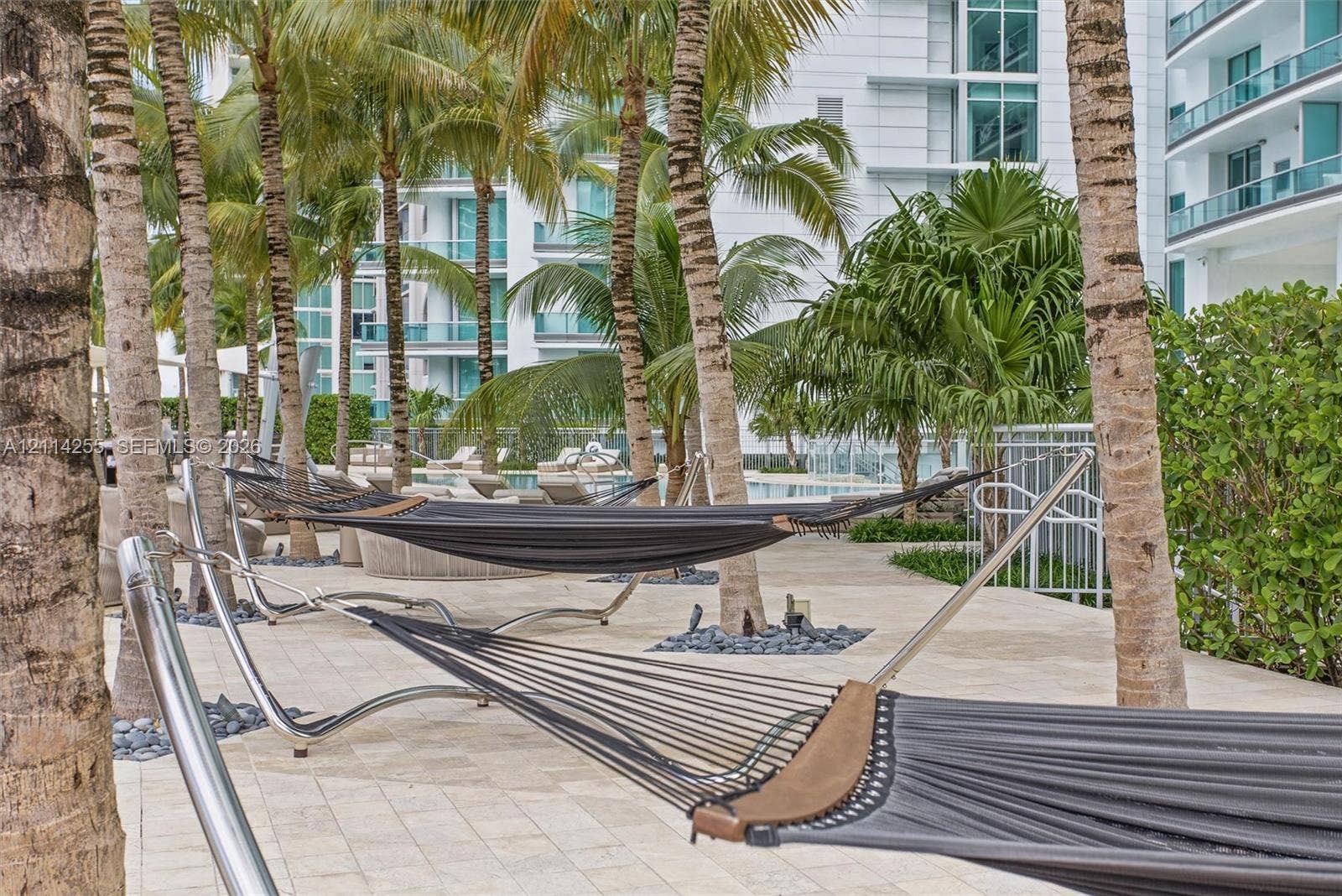 900 Biscayne Boulevard, #1705, Miami, FL 33132 Outdoor terrace featuring light-colored stone paving, mature palm trees, and metal-framed hammock stands