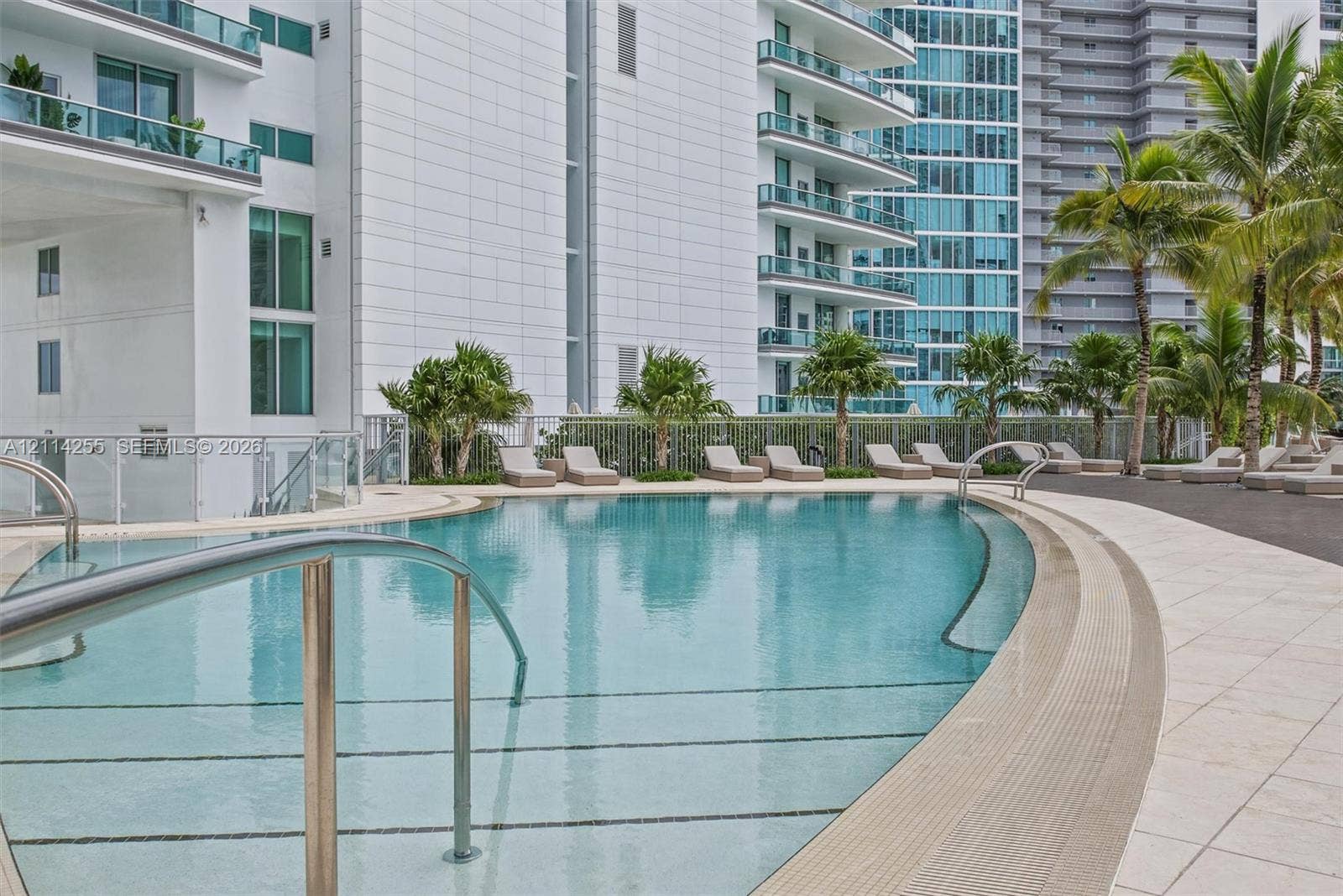 900 Biscayne Boulevard, #1705, Miami, FL 33132 Curved swimming pool featuring a zero-entry design, metal handrails, a tiled deck, and surrounding palm trees
