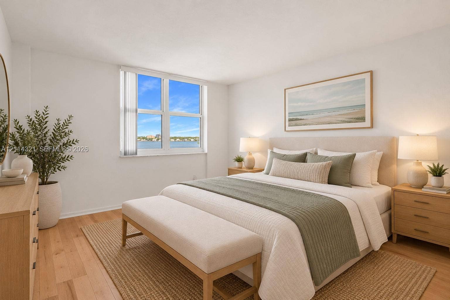 10350 W Bay Harbor Drive, #9C, Bay Harbor Islands, FL 33154 Bedroom featuring large windows, water backdrop, and wood-finish flooring