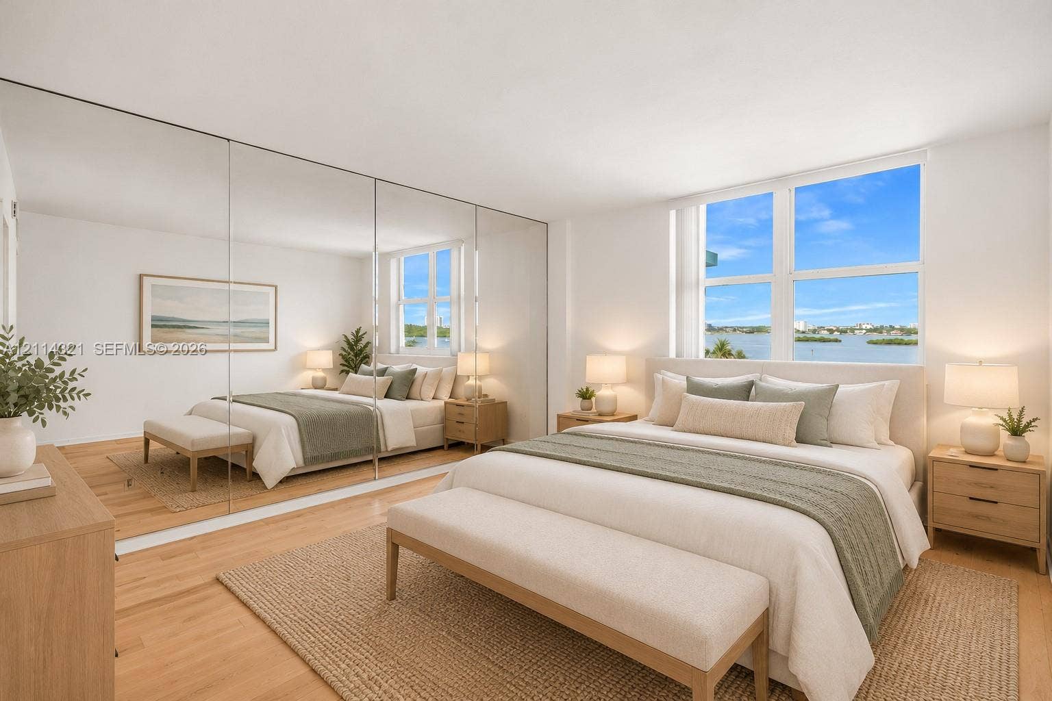 10350 W Bay Harbor Drive, #9C, Bay Harbor Islands, FL 33154 Floor-to-ceiling mirrored wardrobe doors, light-toned wood-finish flooring, and large windows with water scenery