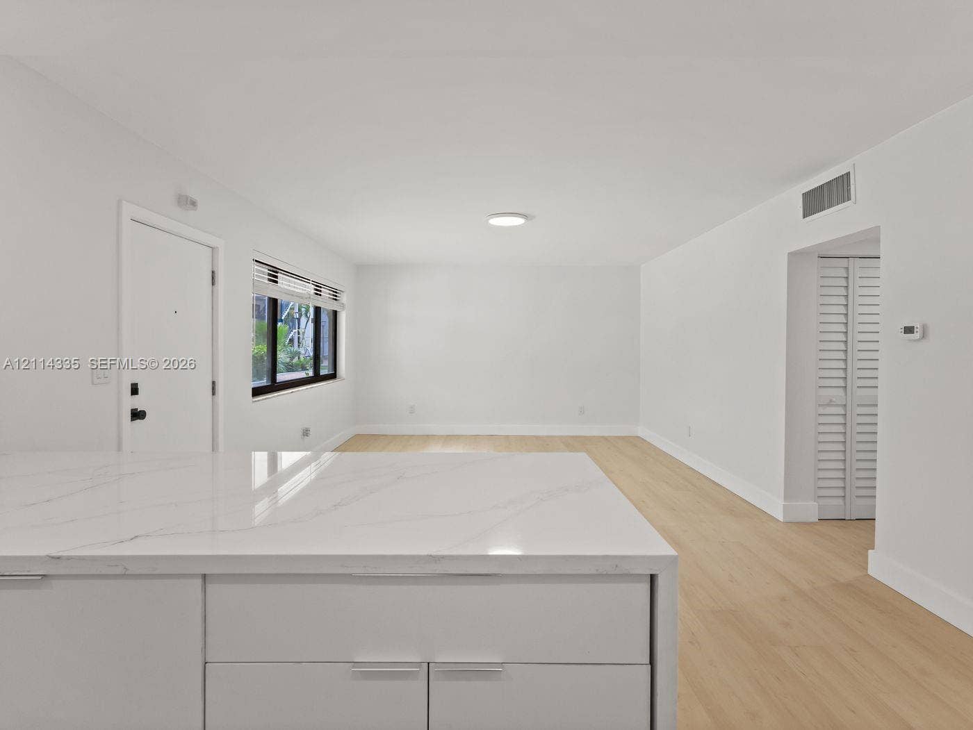 2930 Day Avenue, #N102, Miami, Miami, FL 33133 Open-concept interior featuring light wood-finish flooring, white cabinetry with stone-finish countertops, and a window with black trim