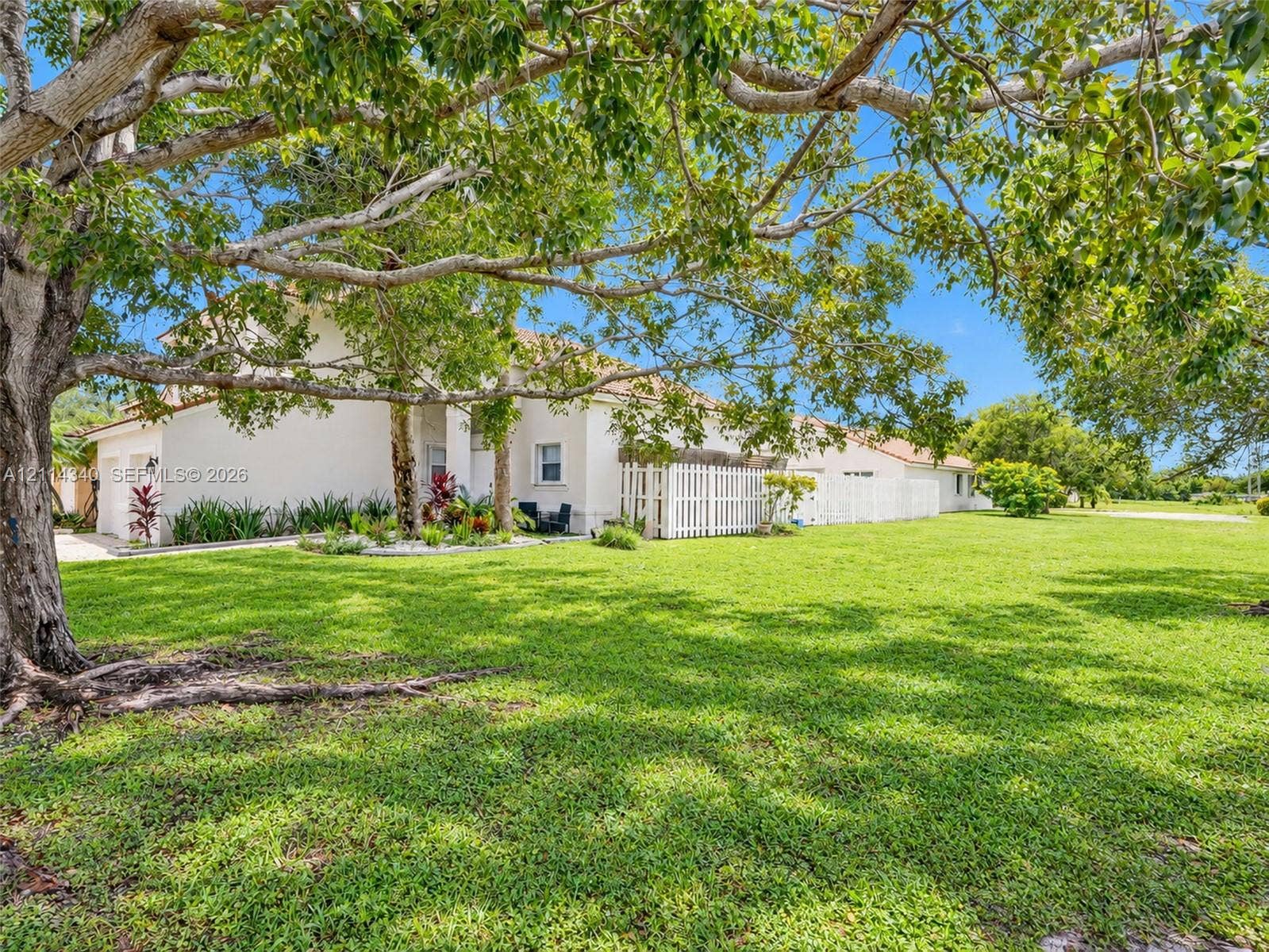 3586 SW 50th Street, Hollywood, FL 33312 Expansive lot featuring mature shade trees, established landscaping, and a white privacy fence