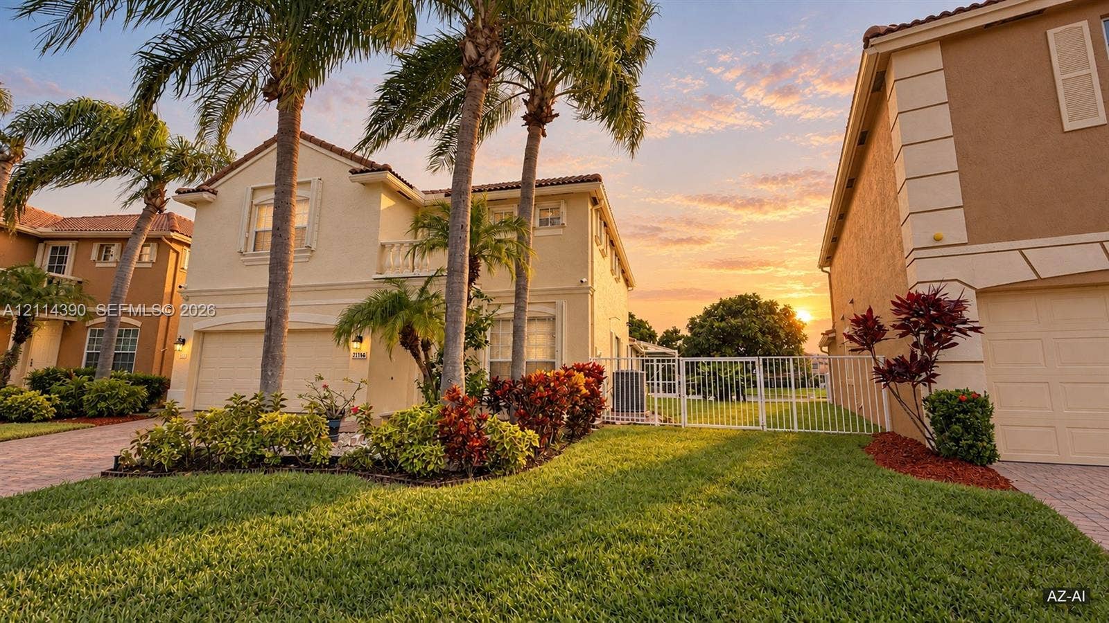 21196 Via Ventura, Boca Raton, FL 33433 Two-story stucco exterior featuring a concrete tile roof, paver driveway, white metal fencing, and mature palm trees