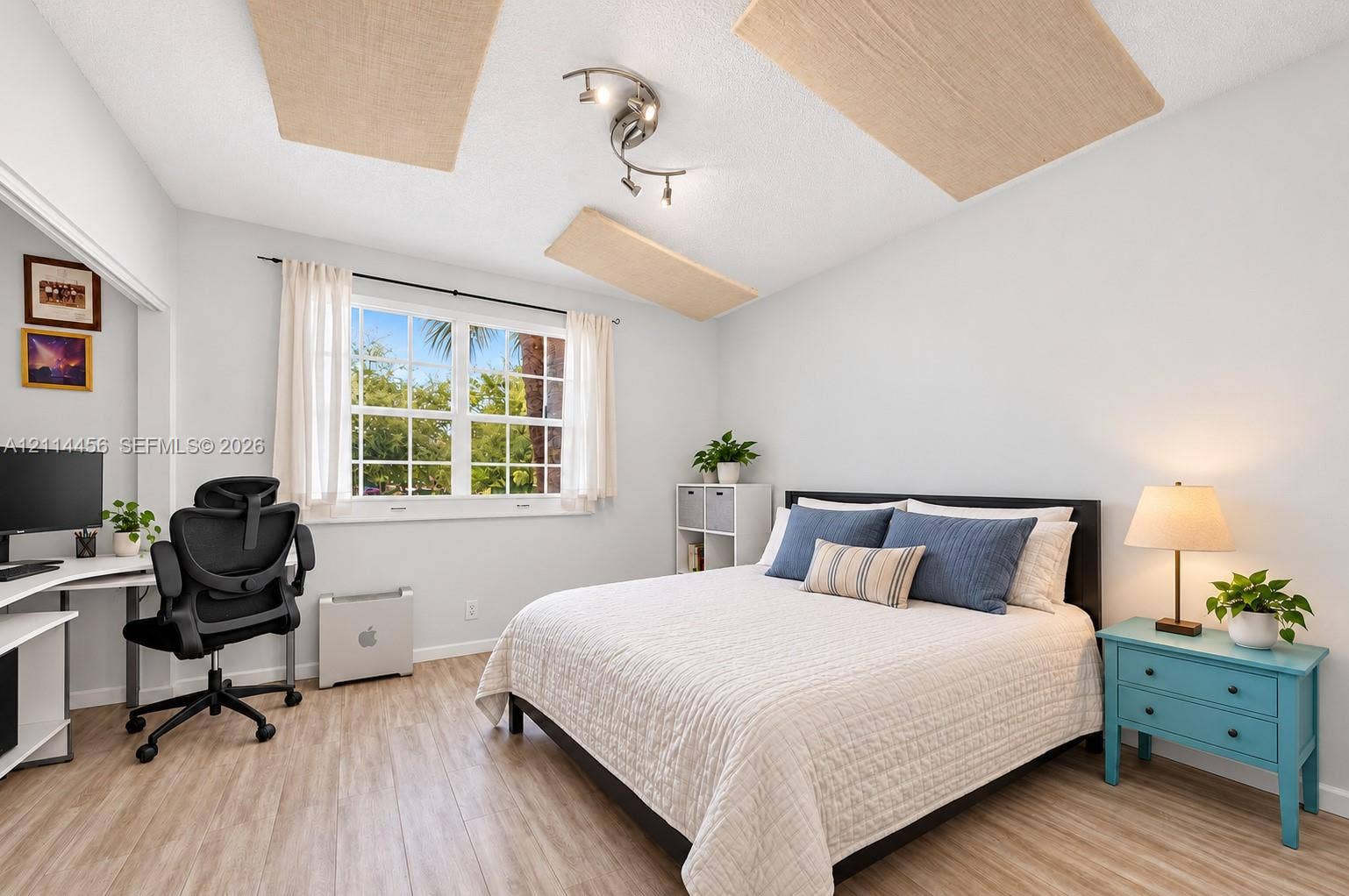 Wood-finish flooring, multi-pane window with natural light, multi-directional track lighting, and ceiling-mounted sound-dampening panels