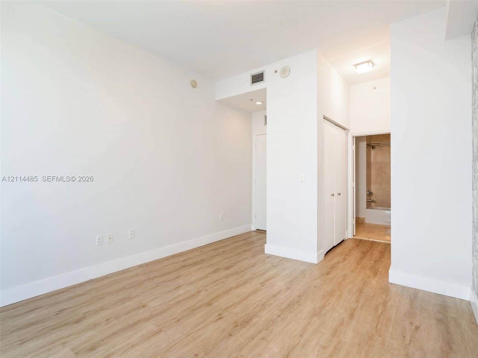 Interior space featuring light wood-finish flooring, double-door closet, and overhead recessed lighting, including access to a tiled bathroom with a soaking tub and shower combination