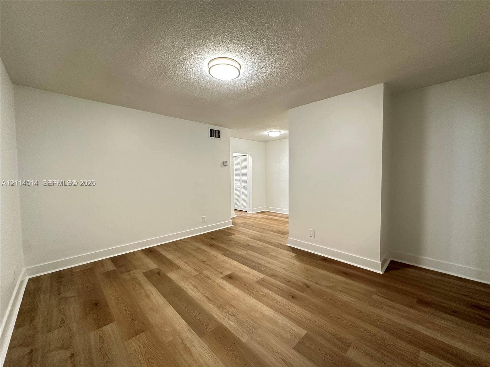 Interior space featuring wood-finish flooring, white walls, and flush-mount ceiling lighting