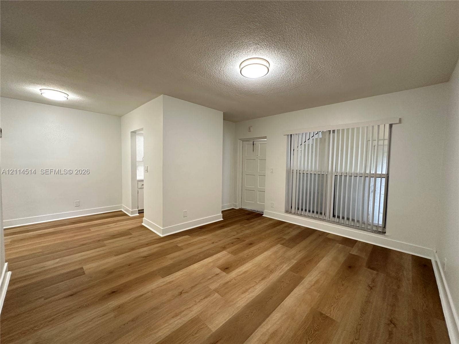 Wood-finish flooring, neutral walls, flush-mount ceiling lighting, and vertical window blinds