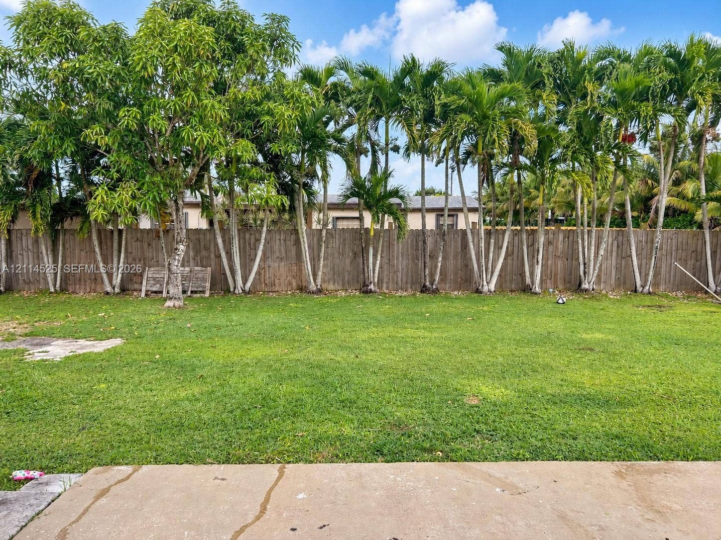 18905 SW 313th Terrace, Homestead, FL 33030 Backyard featuring a concrete patio, expansive grass lawn, wood perimeter fencing, and mature palm trees