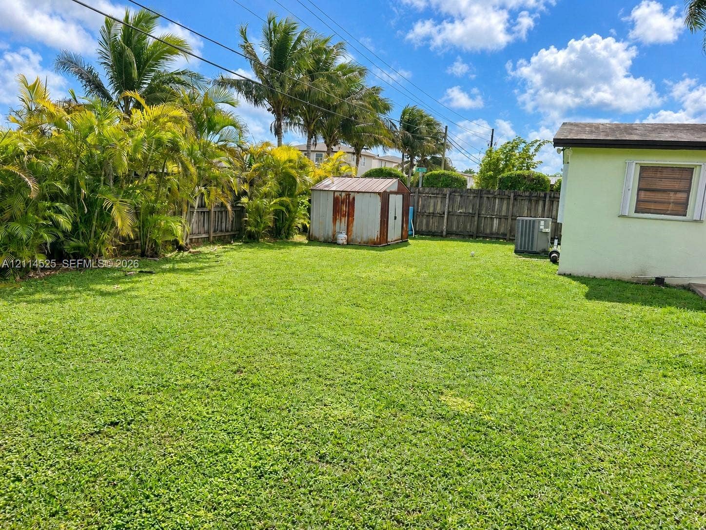 18905 SW 313th Terrace, Homestead, FL 33030 Expansive backyard featuring a grass lawn, perimeter wood fencing, and mature palm trees