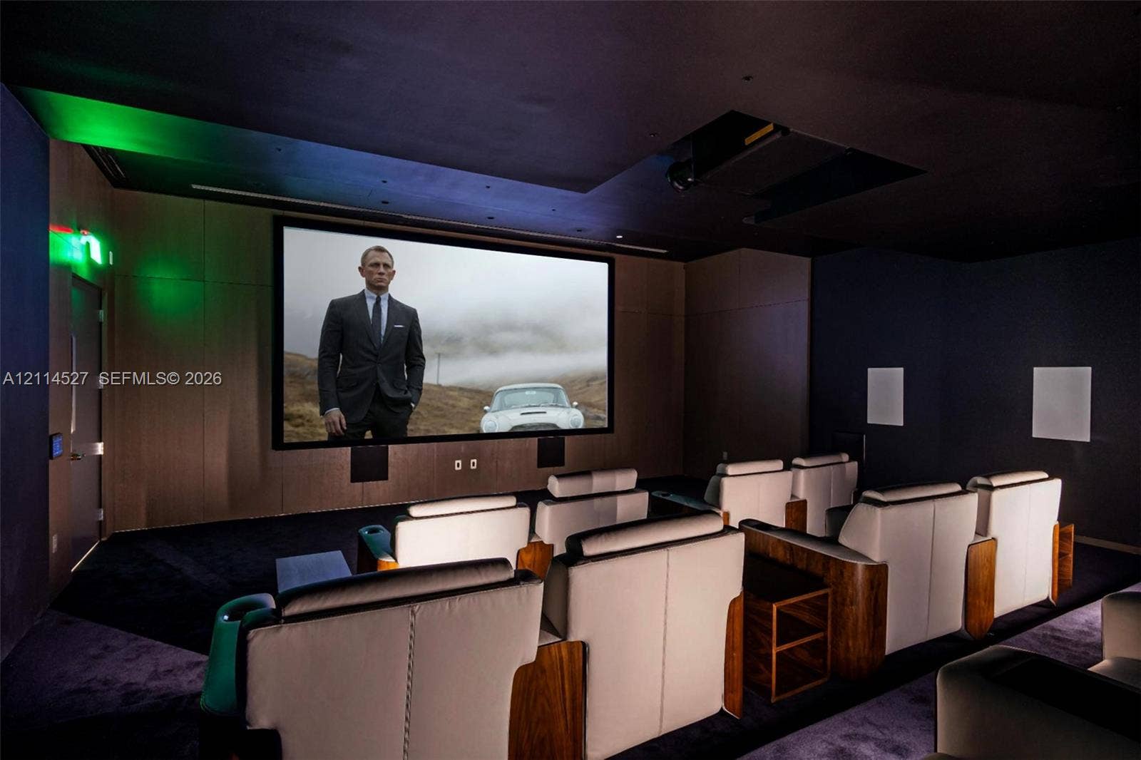 Dedicated media room featuring a large-format projection screen, dark-toned acoustic wall paneling, tiered flooring, and ceiling-mounted projection equipment