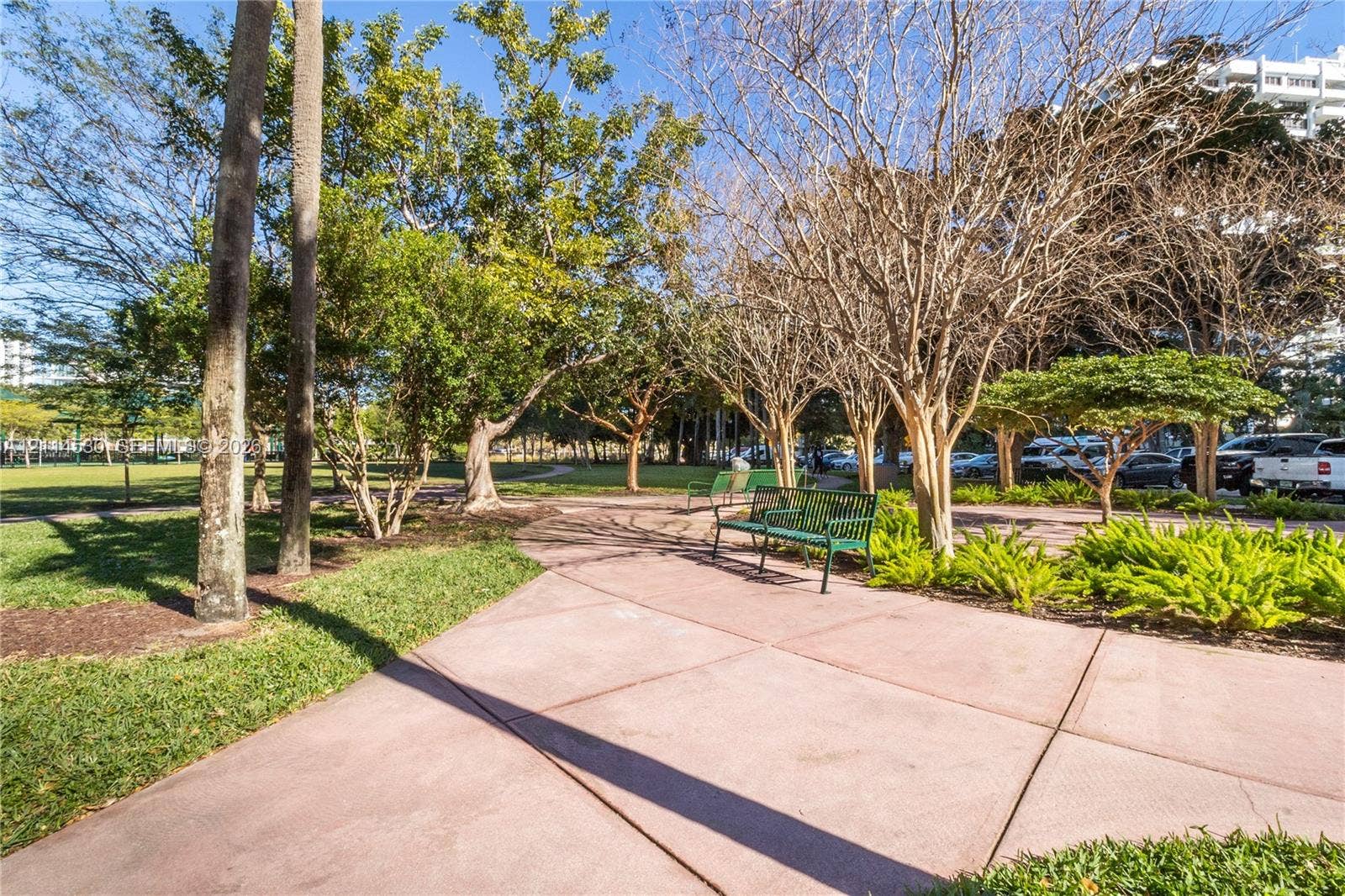 3 Island Avenue, #14L, Miami Beach, FL 33139 Outdoor grounds featuring concrete walkways, manicured lawn, established trees, and metal bench seating
