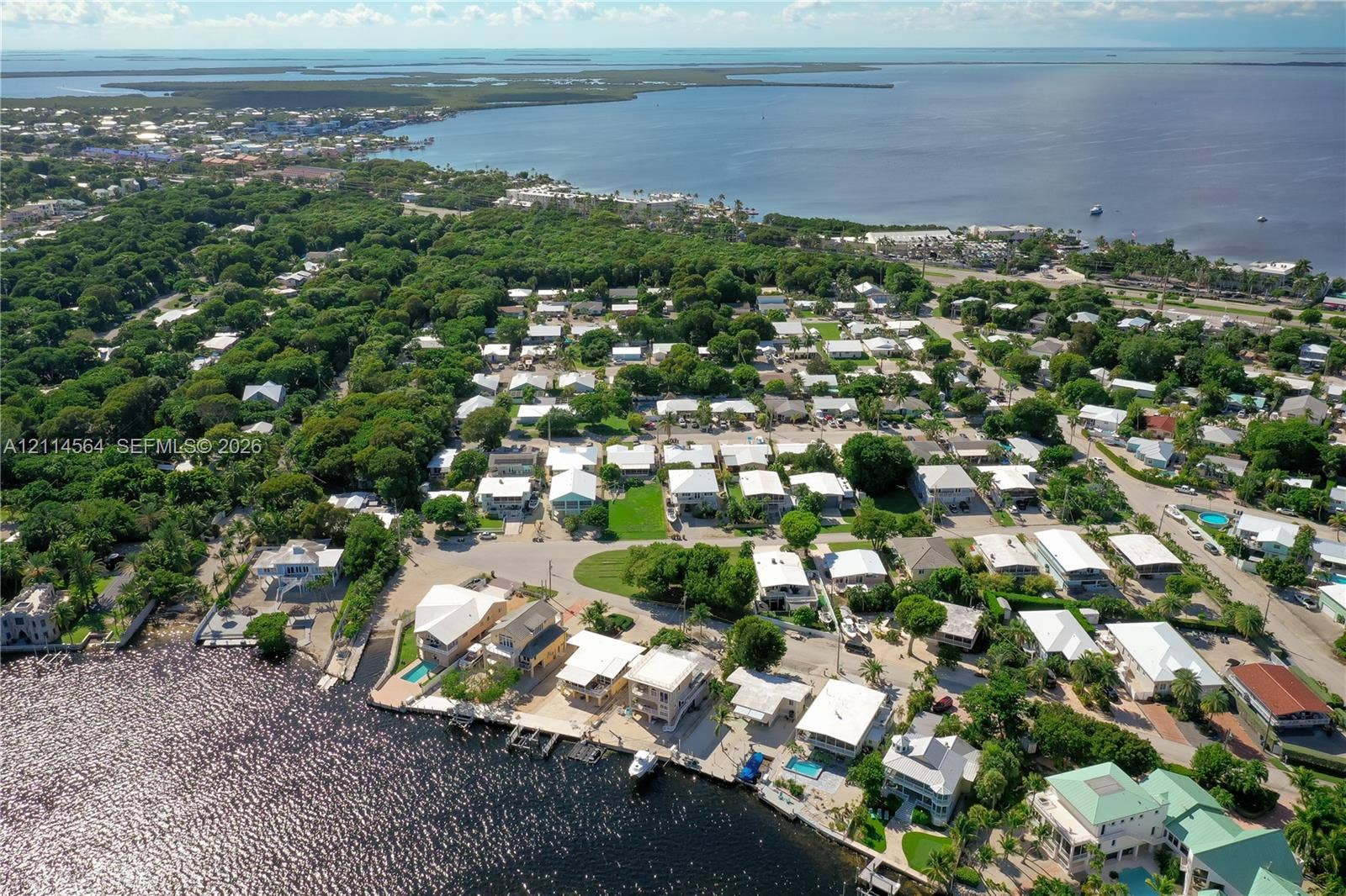 Aerial perspective of a coastal residential community featuring waterfront access, private boat docks, and established canopy vegetation along a maritime shoreline
