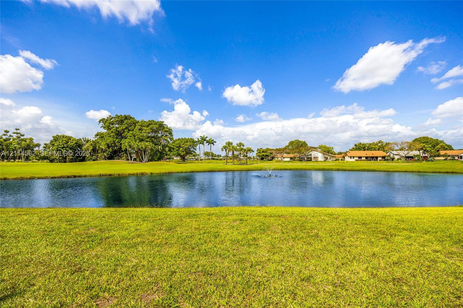 Expansive lawn featuring a pond with a built-in fountain, mature trees, and landscaping