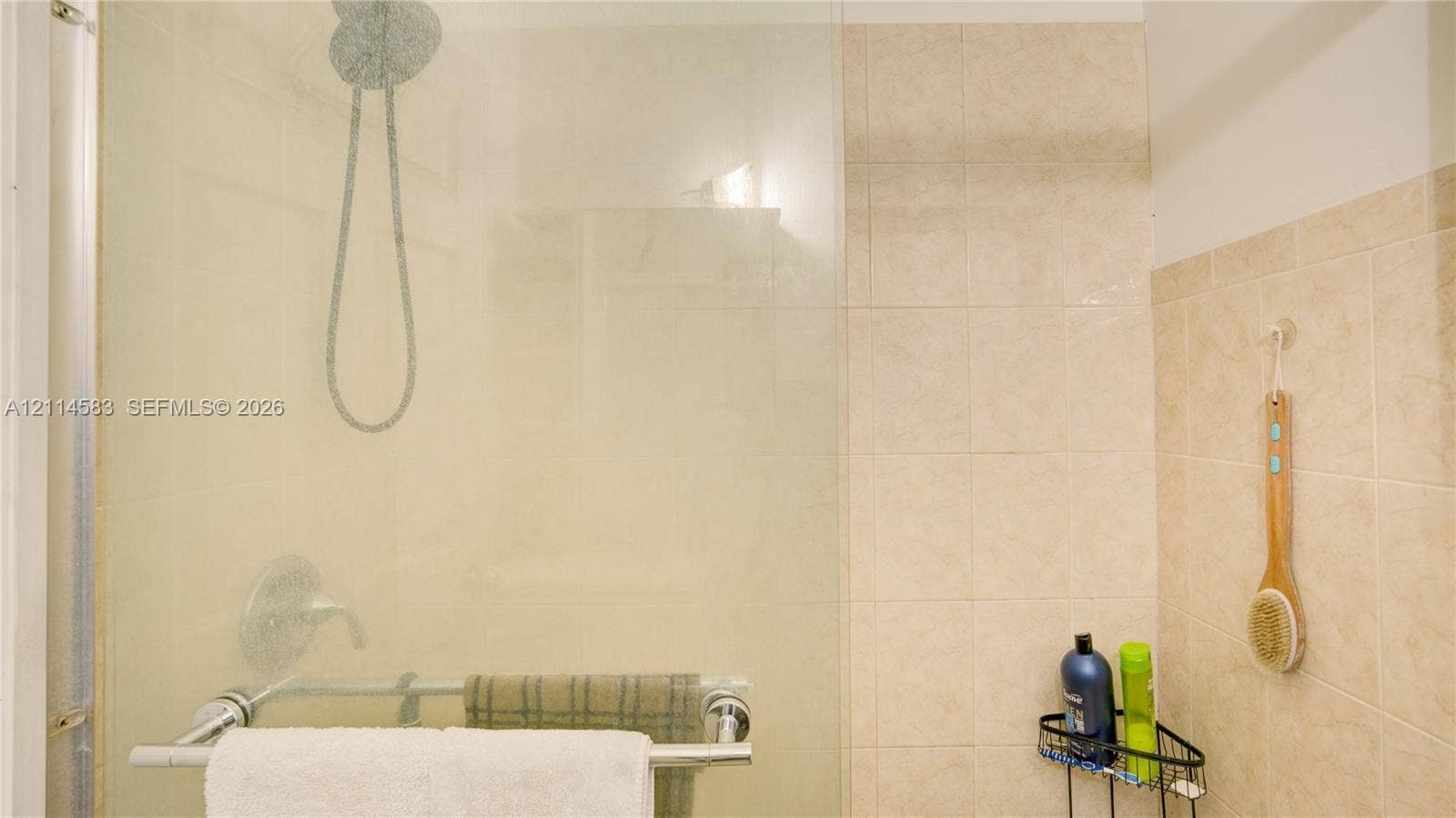 13301 NW Miami Court, Miami, FL 33168 Walk-in shower featuring a frameless glass enclosure, polished chrome rainfall showerhead, wall-mounted control valve, and neutral tile wall surround