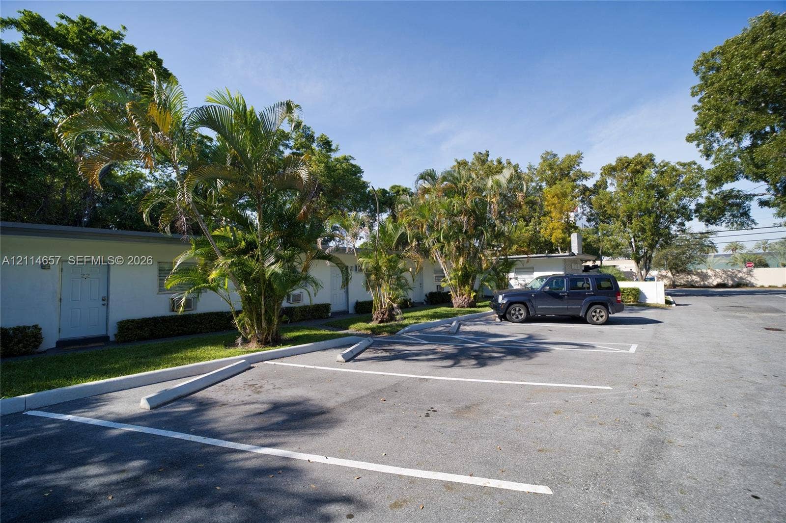 770 NE 123rd Street, #12, North Miami, North Miami, FL 33161 Exterior facade with painted concrete construction, designated asphalt parking area with concrete wheel stops, and mature palms