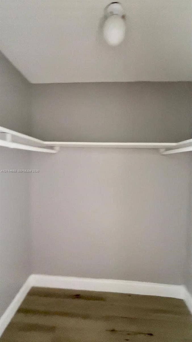 Storage closet featuring wood-finish flooring, a white integrated shelf, a hanging rod, and a ceiling-mounted light fixture
