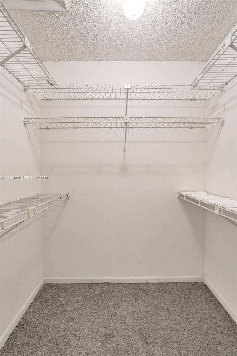 11164 NW 10th Place, Coral Springs, FL 33071 Walk-in storage space featuring tiered wire shelving, neutral carpeting, and a central ceiling-mounted light fixture