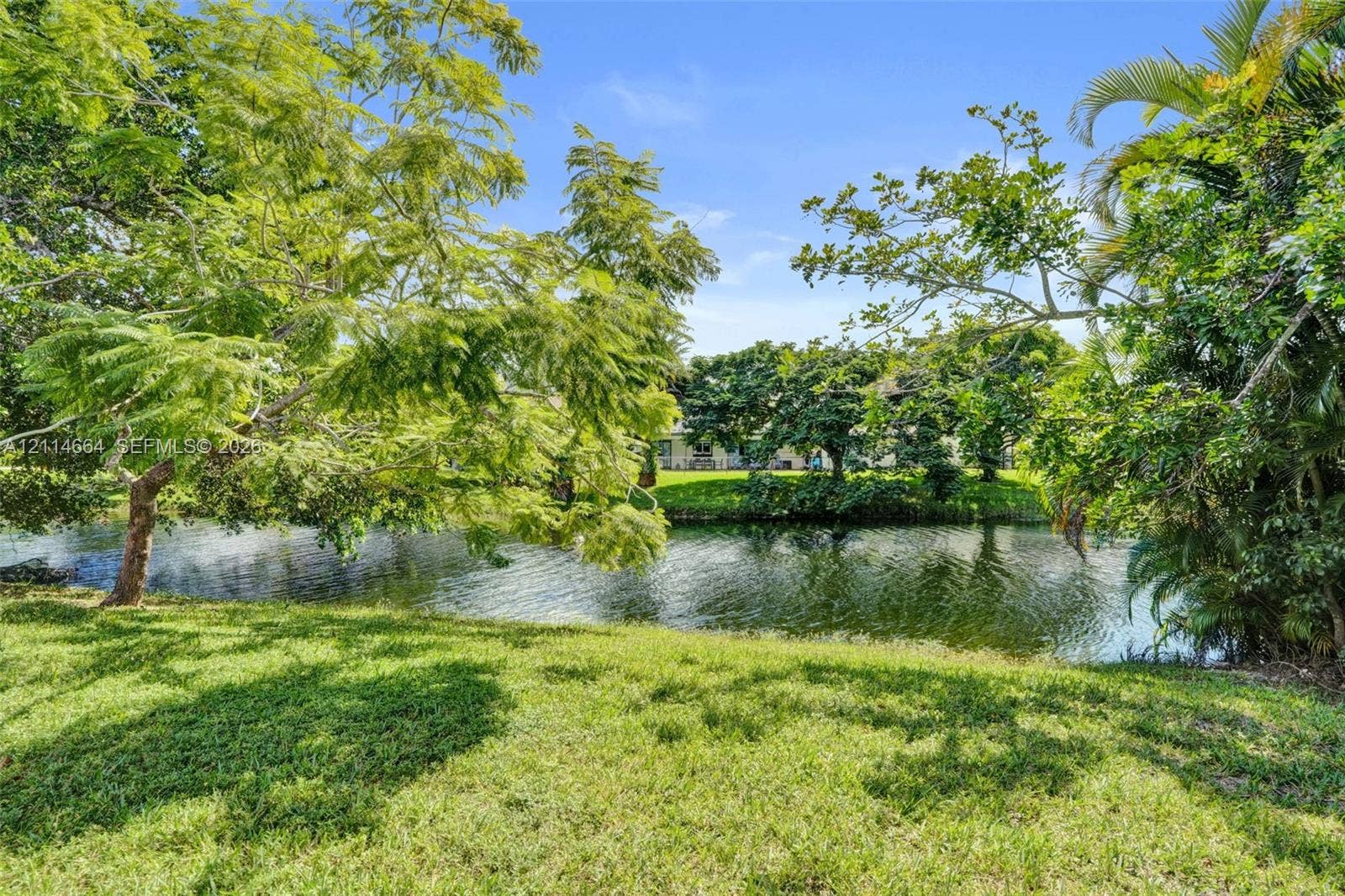 11164 NW 10th Place, Coral Springs, FL 33071 Waterfront lot featuring a manicured lawn, mature trees, and palms