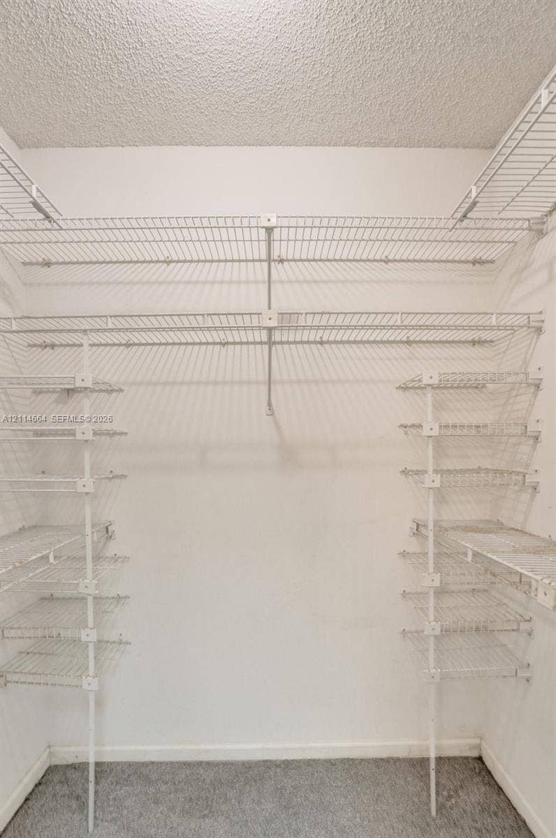 11164 NW 10th Place, Coral Springs, FL 33071 Walk-in storage space featuring multi-level white wire shelving units and wall-to-wall carpeting