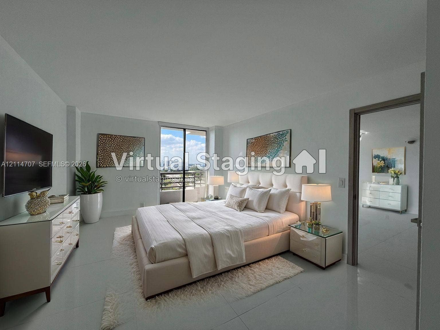 3300 NE 191st Street, #1405, Aventura, Aventura, FL 33180 Bedroom featuring large format tile flooring, floor-to-ceiling glass sliding doors, and access to a private balcony