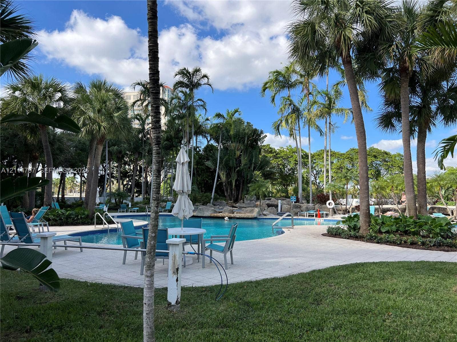 3300 NE 191st Street, #1405, Aventura, Aventura, FL 33180 Swimming pool with stone rock feature, paver deck, and mature palm trees