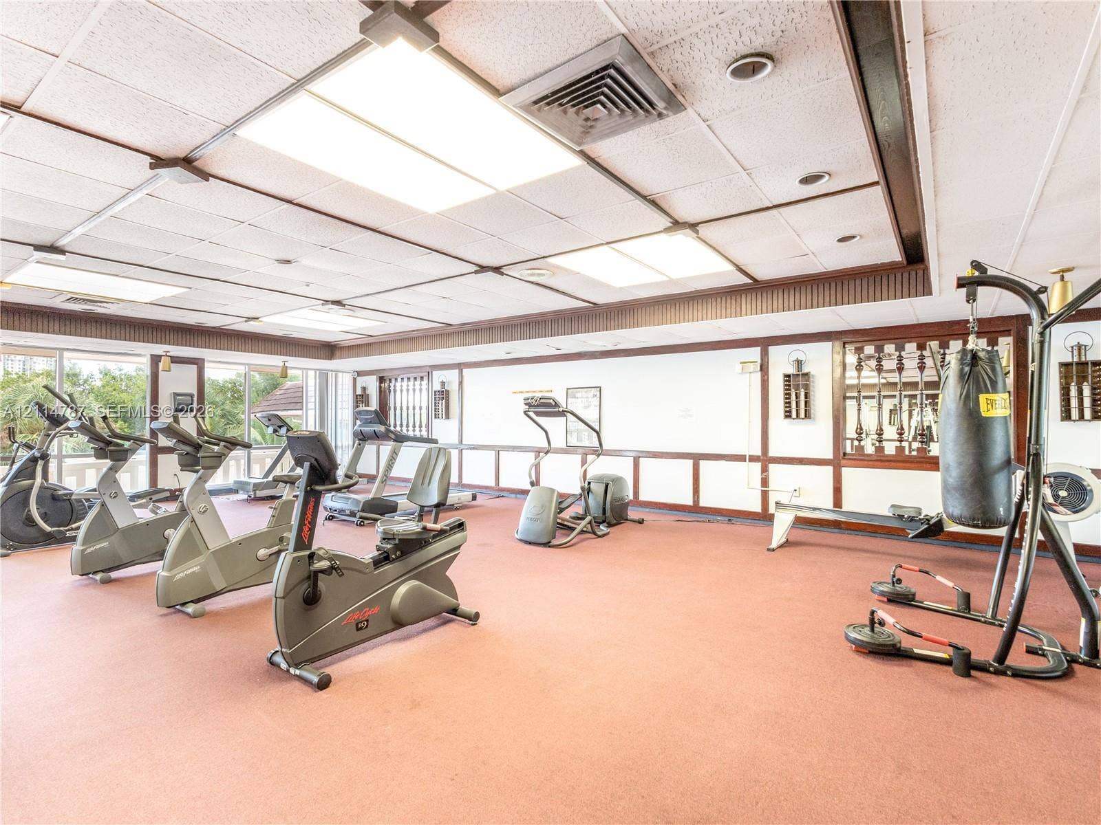 Recreational space featuring wall-to-wall carpeting, recessed ceiling lighting, wood-paneled trim, and expansive floor-to-ceiling windows