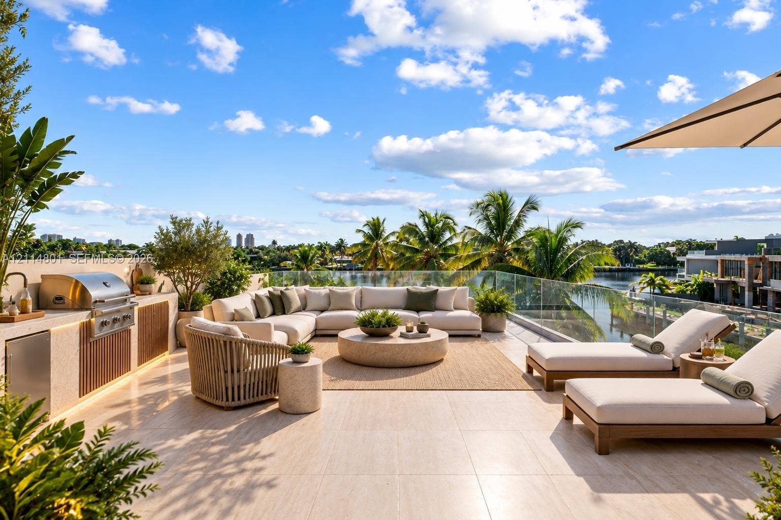 2218 NE 16th Street, Fort Lauderdale, FL 33304 Rooftop terrace featuring large-format tile flooring, a built-in outdoor kitchen with stainless steel grill and refrigeration, and a glass panel perimeter railing