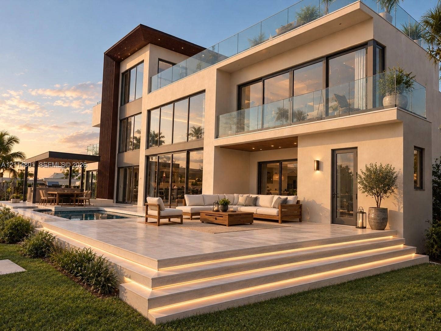 2218 NE 16th Street, Fort Lauderdale, FL 33304 Modern multi-level exterior featuring floor-to-ceiling glass windows, an expansive tiled terrace with integrated stair lighting, a covered outdoor cooking area, and a glass-railed balcony
