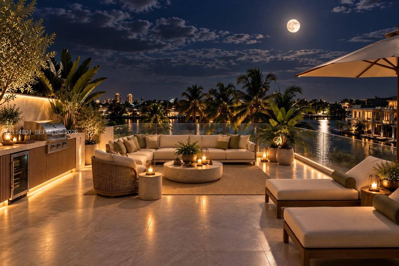 2218 NE 16th Street, Fort Lauderdale, FL 33304 Rooftop terrace featuring large-format tile flooring, integrated outdoor kitchen with stainless steel grill and built-in under-counter refrigeration, and glass panel railing