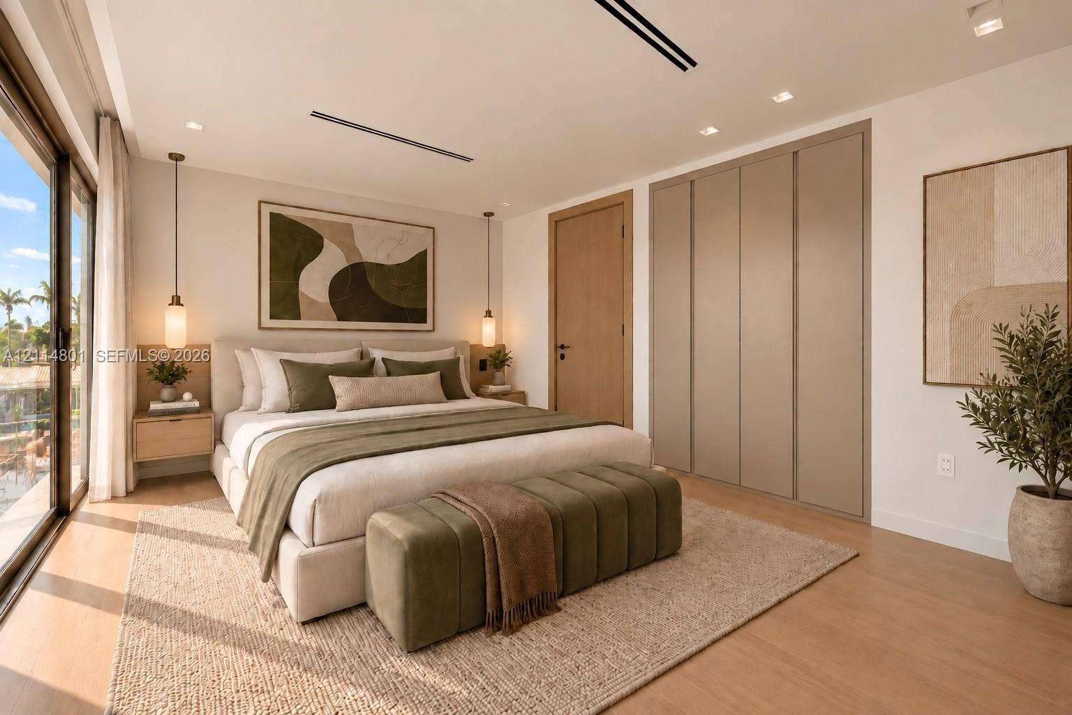 2218 NE 16th Street, Fort Lauderdale, FL 33304 Floor-to-ceiling sliding glass door, recessed linear lighting, wood-finish flooring, full-height flush-panel wardrobe cabinetry, and dual pendant light fixtures