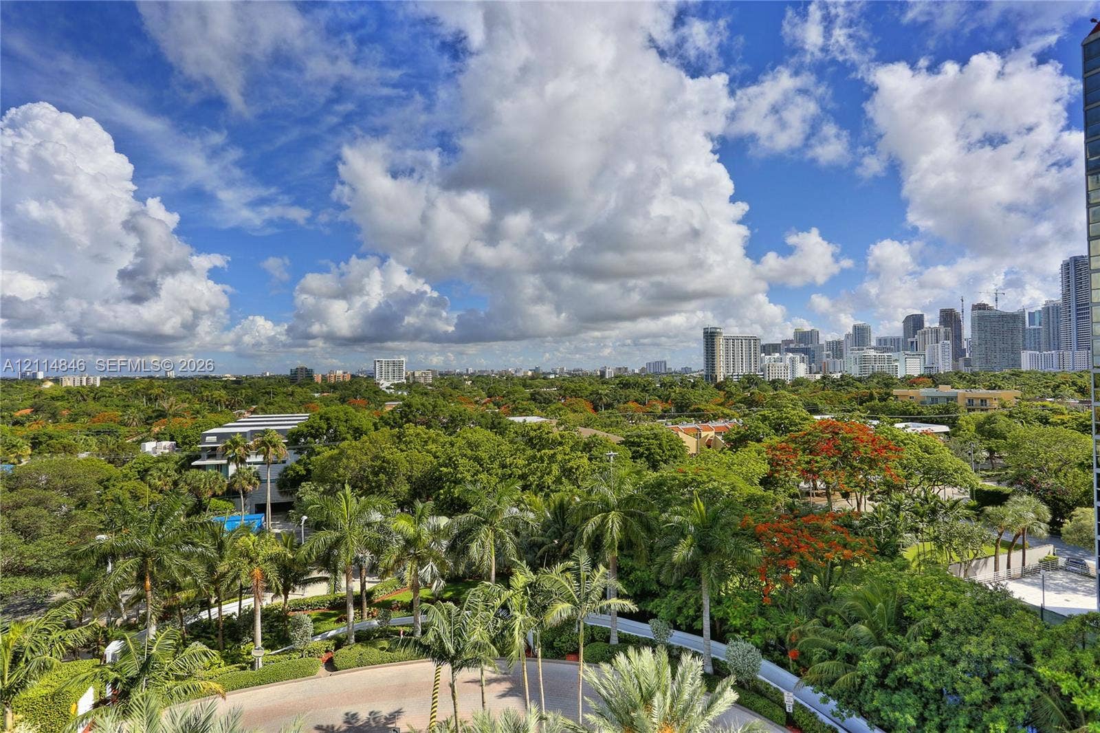 2101 Brickell Avenue, #601, Miami, Miami, FL 33129 Elevated perspective showcasing expansive city skyline, mature canopy of tropical trees, and paved motor court