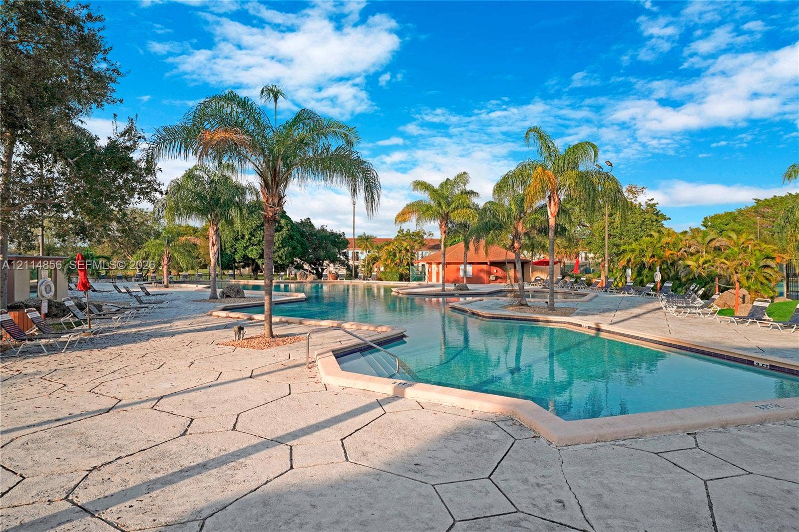 Miami, FL 33173 Swimming pool with integrated steps, surrounded by stone-finish deck pavers and mature palm trees