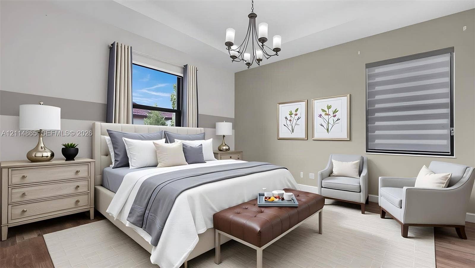 3754 NE 2nd Street, Homestead, FL 33033 Virtually staged, Tray ceiling, multi-arm chandelier, dual-tone wall paint, and wood-finish flooring