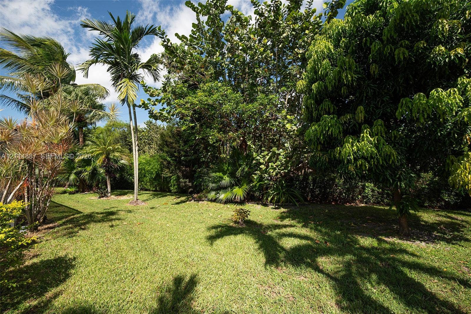 5722 Aspen Ridge Circle, Delray Beach, FL 33484 Landscaped backyard featuring expansive grass lawn, mature tropical trees, and dense natural foliage