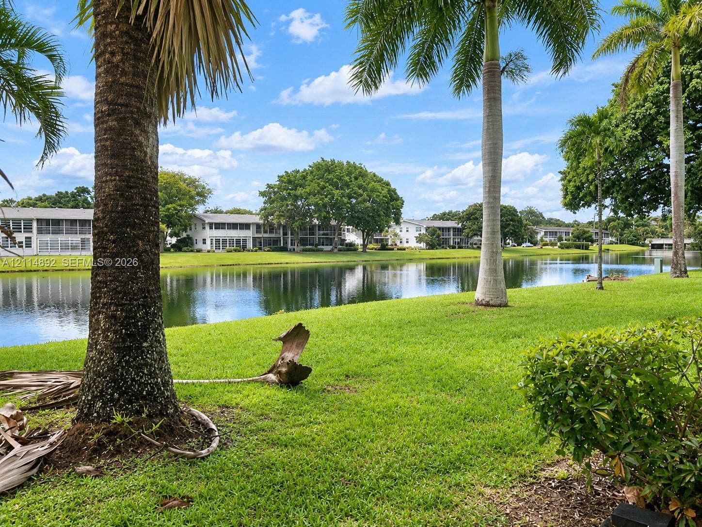 582 Durham U, #582, Deerfield Beach, FL 33442 Waterfront parcel featuring mature palm trees, manicured turf, and established landscaping