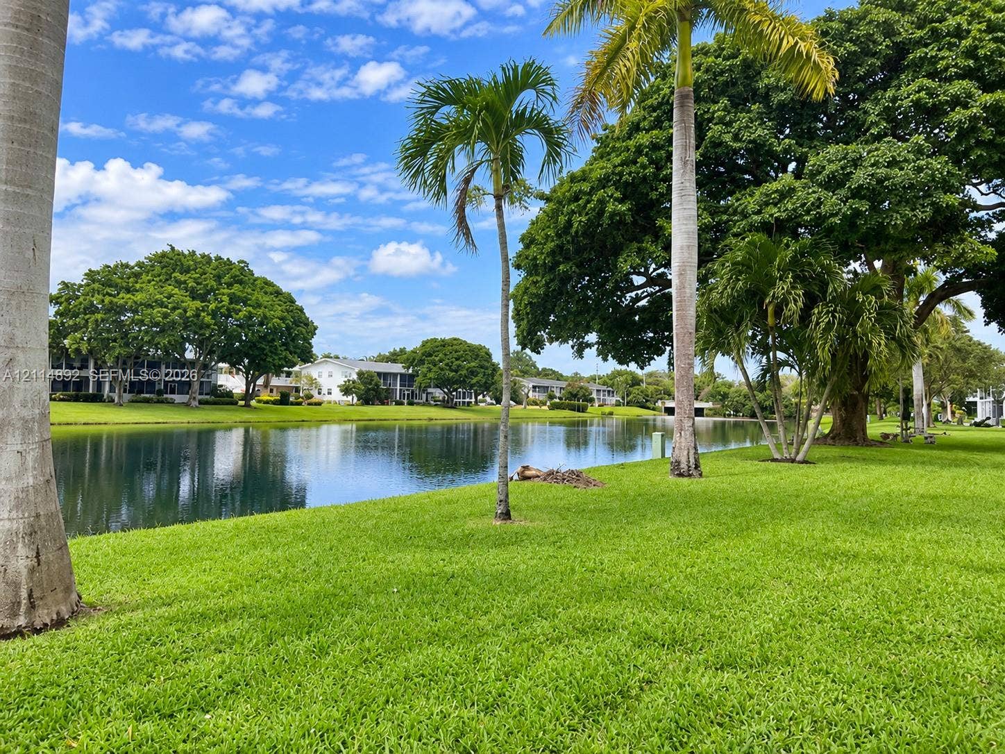 582 Durham U, #582, Deerfield Beach, FL 33442 Waterfront grounds featuring a manicured lawn, mature trees, and palms