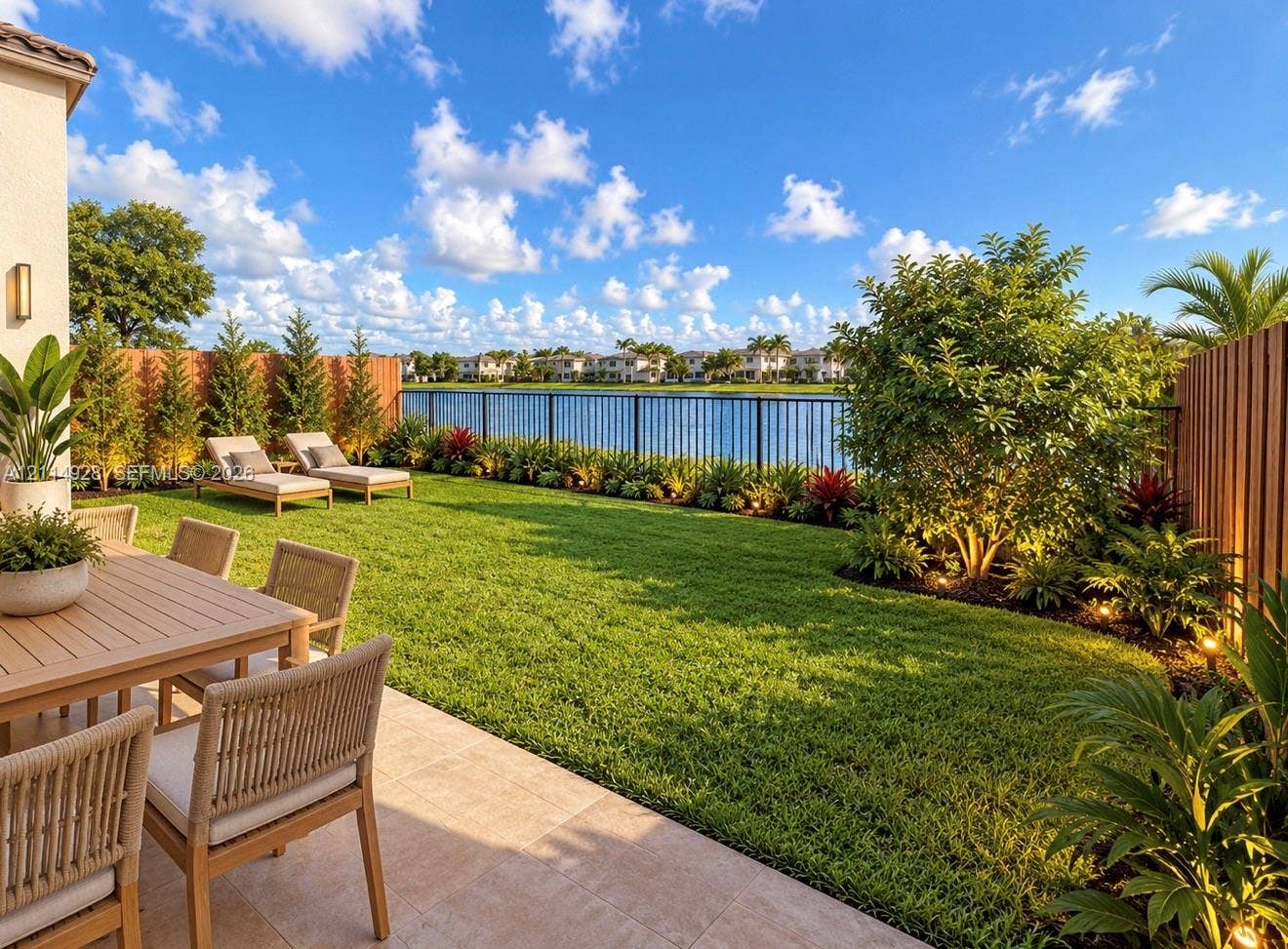 1411 SE 26th Road, Homestead, FL 33035 Rear patio featuring large-format tile flooring, manicured lawn, privacy wood fencing, and metal perimeter railing overlooking a lake