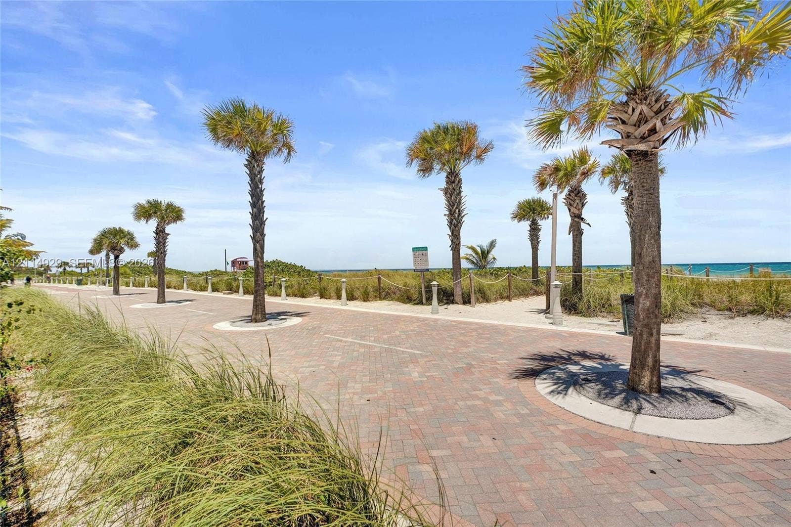 Brick paver walkway lined with mature palm trees, decorative bollards with rope railings, and sandy dunes
