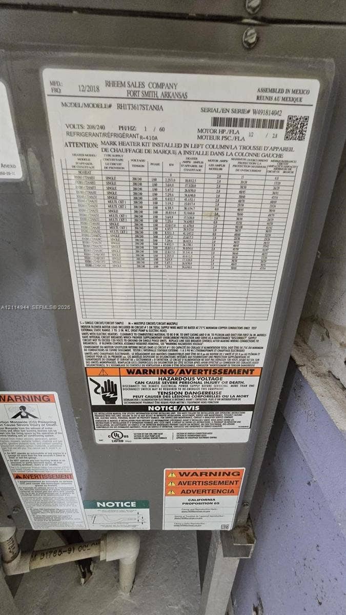 HVAC system data plate dated December 2018