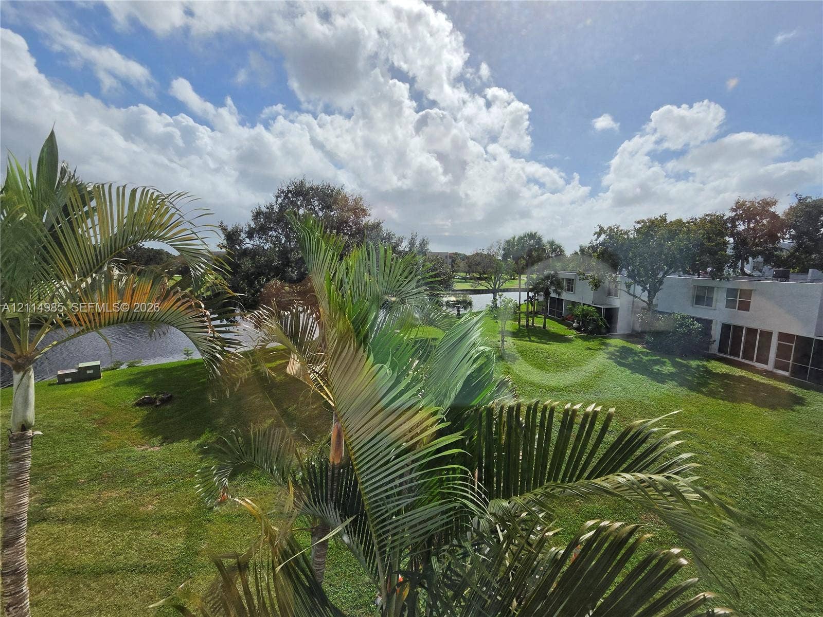 9441 Live Oak Place, #308, Davie, Davie, FL 33324 Expansive green space featuring mature palm trees, a pond, and residential structures with exterior white siding
