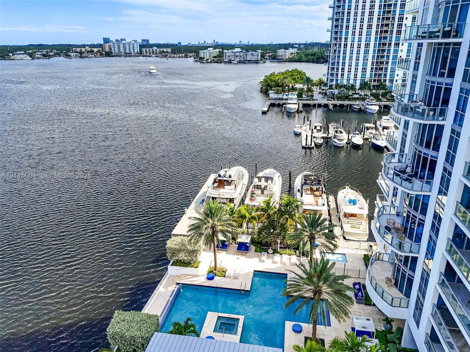 Waterfront property featuring a swimming pool, integrated spa, and palm-lined deck