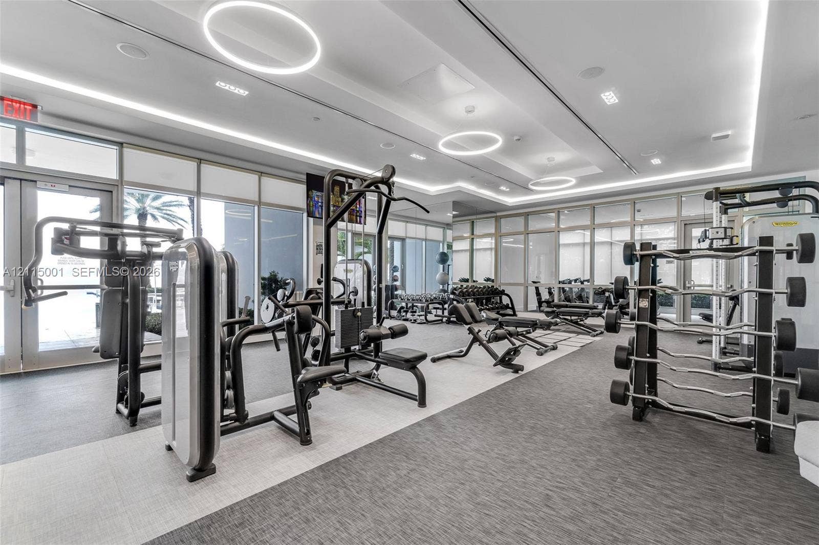 Fitness center featuring floor-to-ceiling windows, circular LED pendant lighting, recessed perimeter lighting, and wall-to-wall carpeting
